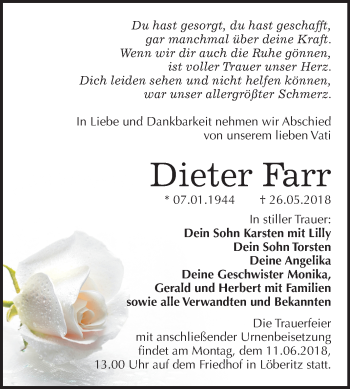 Traueranzeige von Dieter Farr von Mitteldeutsche Zeitung Bitterfeld