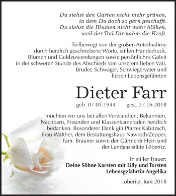 Traueranzeige von Dieter Farr von Mitteldeutsche Zeitung Bitterfeld