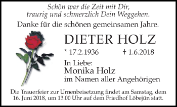 Traueranzeige von Dieter Holz von Mitteldeutsche Zeitung Halle/Saalkreis