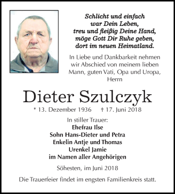 Traueranzeige von Dieter Szulczyk von Mitteldeutsche Zeitung