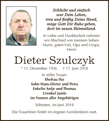 Traueranzeige von Dieter Szulczyk von WVG - Wochenspiegel NMB / WSF / ZTZ