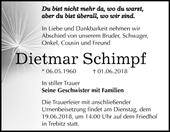 Traueranzeige von Dietmar Schimpf von Mitteldeutsche Zeitung Bernburg