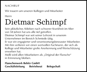 Traueranzeige von Dietmar Schimpf von Mitteldeutsche Zeitung
