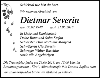 Traueranzeige von Dietmar Severin von Mitteldeutsche Zeitung Dessau-Roßlau