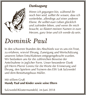 Traueranzeige von Dominik Paul von Super Sonntag SGH Mansf. Land