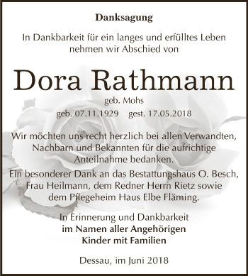 Traueranzeige von Dora Rathmann von WVG - Wochenspiegel Dessau / Köthen