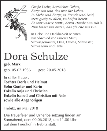 Traueranzeige von Dora Schulze von WVG - Wochenspiegel Wittenberg