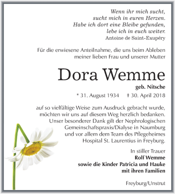 Traueranzeige von Dora Wemme von Mitteldeutsche Zeitung