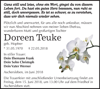 Traueranzeige von Doreen Teuke von Mitteldeutsche Zeitung Aschersleben