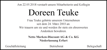Traueranzeige von Doreen Teuke von WVG - Wochenspiegel Halle