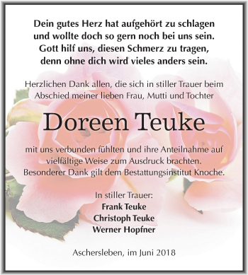 Traueranzeige von Doreen Teuke von Mitteldeutsche Zeitung Aschersleben