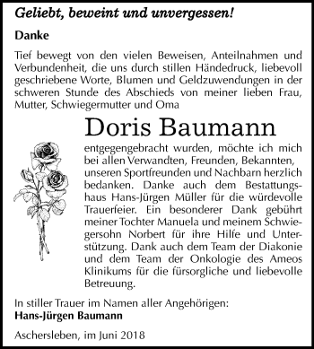 Traueranzeige von Doris Baumann von Mitteldeutsche Zeitung Aschersleben