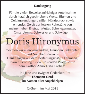 Traueranzeige von Doris Hironymus von Mitteldeutsche Zeitung Bitterfeld