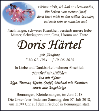 Traueranzeige von Doris Härtel von Super Sonntag SGH Mansf. Land
