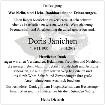 Traueranzeige von Doris Jänichen von Mitteldeutsche Zeitung Bitterfeld