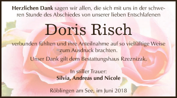 Traueranzeige von Doris Risch von Super Sonntag SGH Mansf. Land