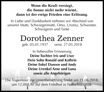 Traueranzeige von Dorothea Zenner von Mitteldeutsche Zeitung Weißenfels