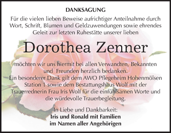 Traueranzeige von Dorothea Zenner von Mitteldeutsche Zeitung Weißenfels