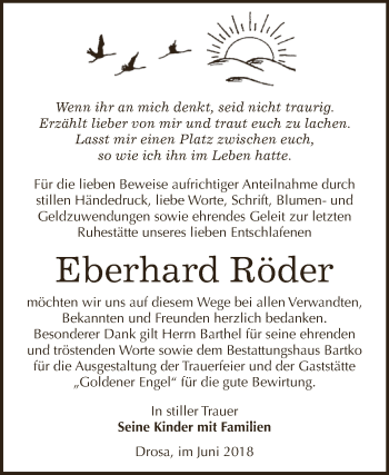Traueranzeige von Eberhard Röder von WVG - Wochenspiegel Dessau / Köthen