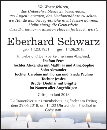 Traueranzeige von Eberhard Schwarz von Mitteldeutsche Zeitung Merseburg/Querfurt