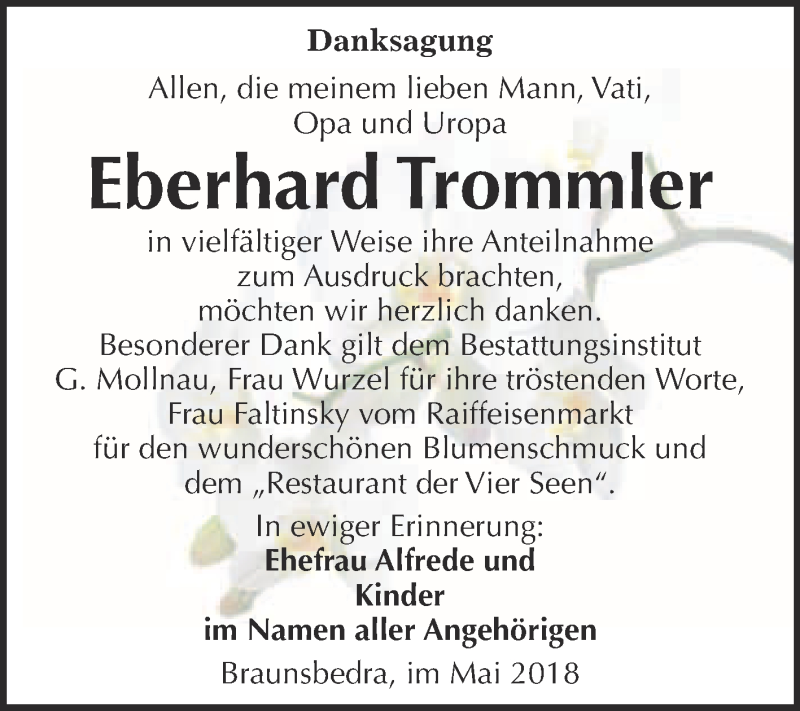  Traueranzeige für Eberhard Trommler vom 02.06.2018 aus WVG - Wochenspiegel Merseburg