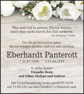 Traueranzeige von Eberhardt Panterott von Mitteldeutsche Zeitung Bitterfeld