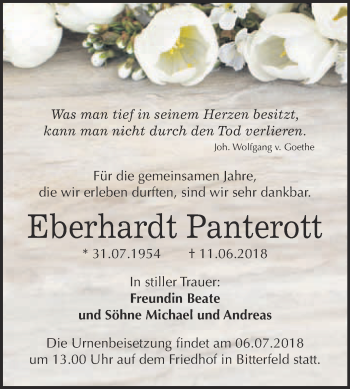 Traueranzeige von Eberhardt Panterott von WVG - Wochenspiegel Bitterfeld
