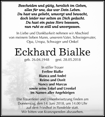 Traueranzeige von Eckhard Bialke von Mitteldeutsche Zeitung Quedlinburg