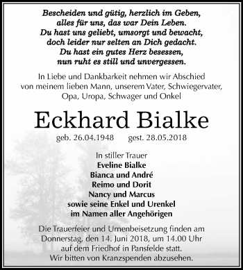 Traueranzeige von Eckhard Bialke von WVG - Wochenspiegel Quedlinburg