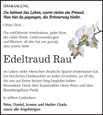 Traueranzeige von Edeltraud Rau von Mitteldeutsche Zeitung Köthen