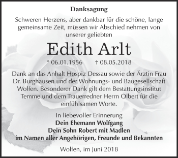 Traueranzeige von Edith  Arlt von WVG - Wochenspiegel Bitterfeld