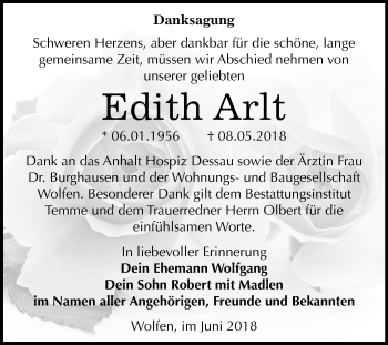 Traueranzeige von Edith  Arlt von Mitteldeutsche Zeitung Bitterfeld