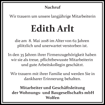 Traueranzeige von Edith  Arlt von Mitteldeutsche Zeitung Bitterfeld