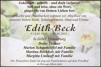 Traueranzeige von Edith Beck von WVG - Wochenspiegel Dessau / Köthen