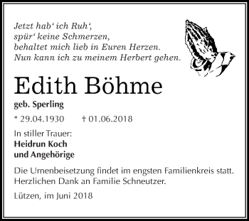 Traueranzeige von Edith Böhme von WVG - Wochenspiegel Merseburg