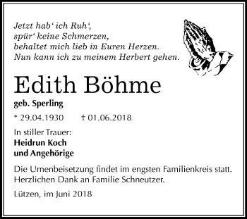 Traueranzeige von Edith Böhme von Mitteldeutsche Zeitung Weißenfels