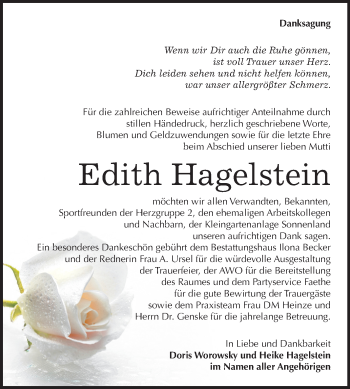 Traueranzeige von Edith Hagelstein von Mitteldeutsche Zeitung