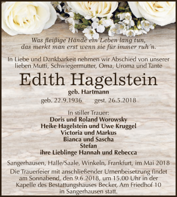 Traueranzeige von Edith Hagelstein von Super Sonntag SGH Mansf. Land