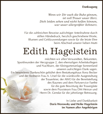 Traueranzeige von Edith Hagelstein von Super Sonntag SGH Mansf. Land