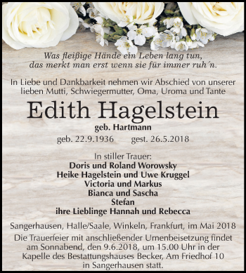 Traueranzeige von Edith Hagelstein von Mitteldeutsche Zeitung