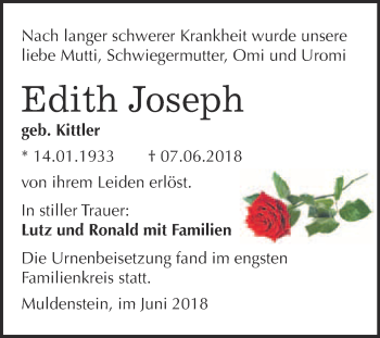 Traueranzeige von Edith Joseph von WVG - Wochenspiegel Bitterfeld