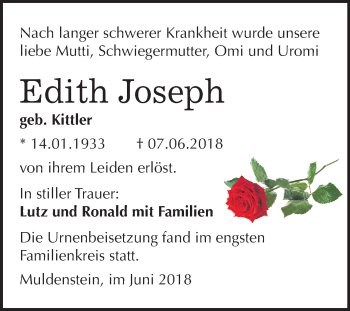 Traueranzeige von Edith Joseph von Mitteldeutsche Zeitung Bitterfeld