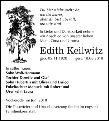 Traueranzeige von Edith Keilwitz von Mitteldeutsche Zeitung