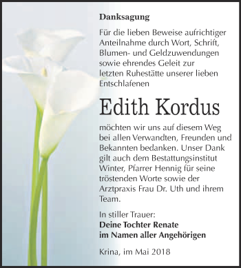 Traueranzeige von Edith Kordus von WVG - Wochenspiegel Bitterfeld