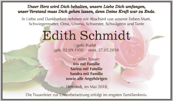 Traueranzeige von Edith Schmidt von Wochenspiegel Mansfelder Land