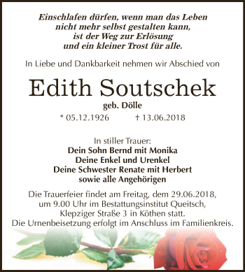 Traueranzeige von Edith Soutschek von WVG - Wochenspiegel Dessau / Köthen