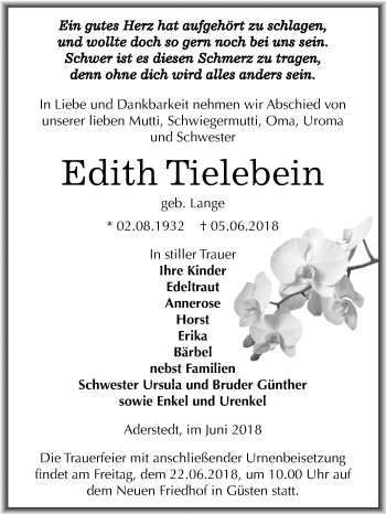 Traueranzeige von Edith Tieleb von Mitteldeutsche Zeitung Bernburg