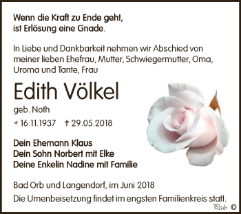 Traueranzeige von Edith Völkel von WVG - Wochenspiegel NMB / WSF / ZTZ