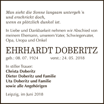 Traueranzeige von Ehrhardt Doberitz von WVG - Wochenspiegel NMB / WSF / ZTZ
