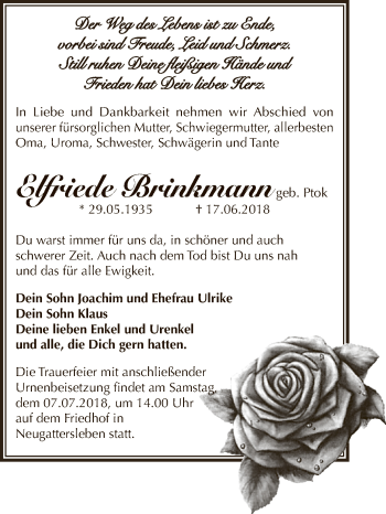 Traueranzeige von Elfriede Brinkmann von Super Sonntag Bernburg
